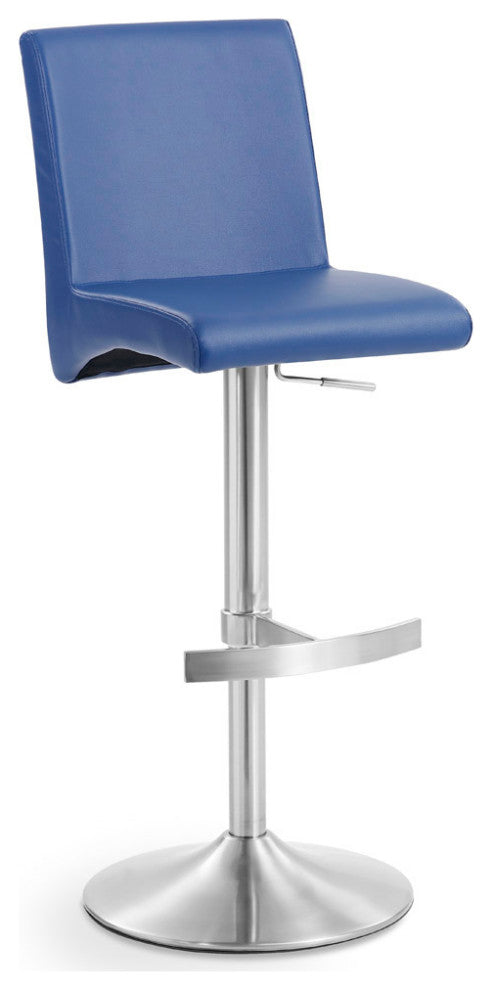Coveteur Bar Stool Dark Blue Leatherette Brushed Stainless Steel Base