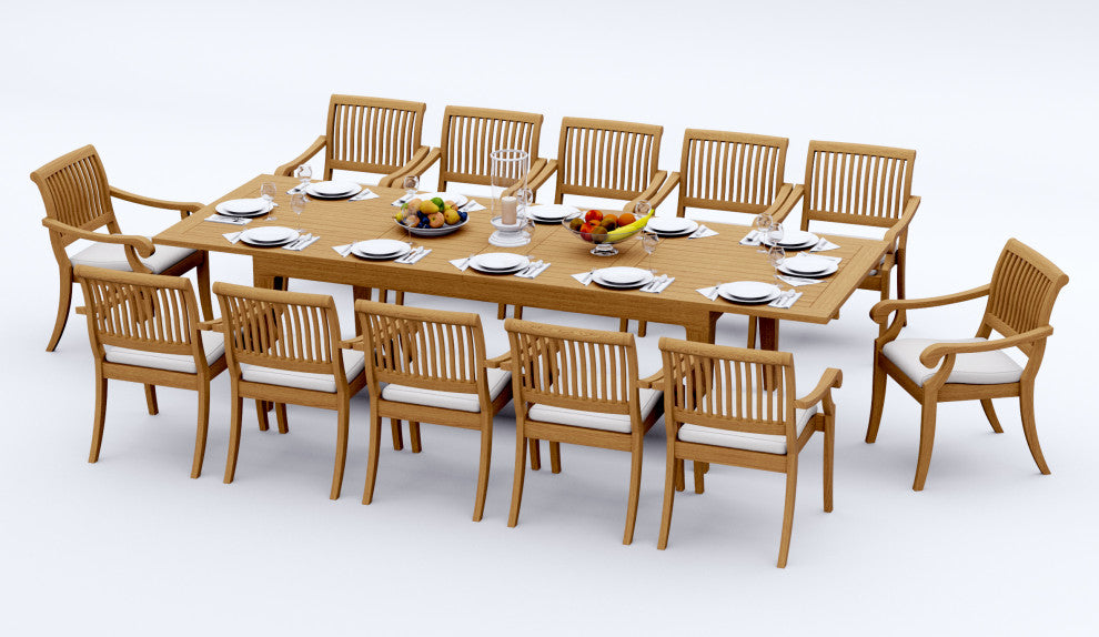13-Piece Teak Dining Set: 122" Rectangle Extn Table 12 Arbor Stacking Arm Chairs