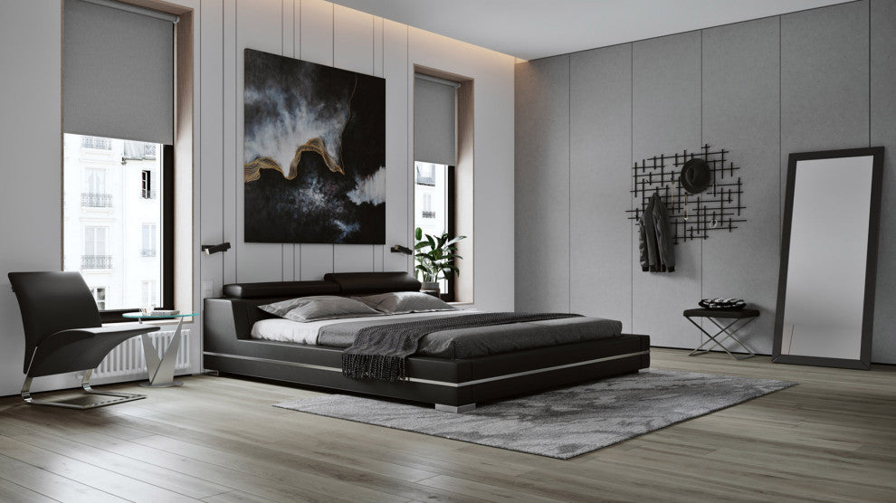 Hera Black Leather Platform Bed, King