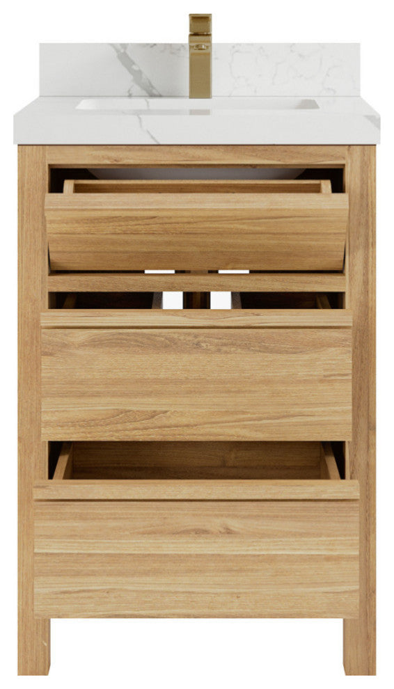 Elizabeth 24 Single Sink Bath Vanity in Light Natural Teak 2" Calacatta Laza