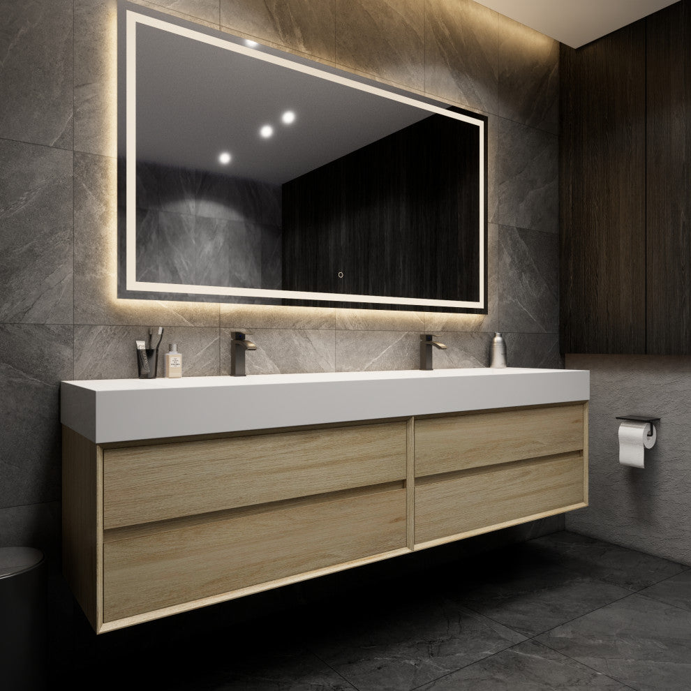 MAX 84" Double Floating Bath Vanity With Acrylic Sink, Coffee Wood, Coffee Wood