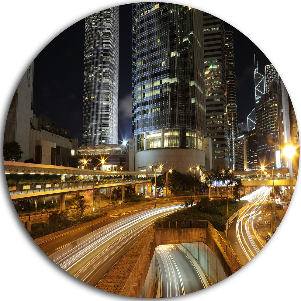 Skyscrapers And Busy Traffic, Cityscape Large Disc Metal Wall Art, 23"