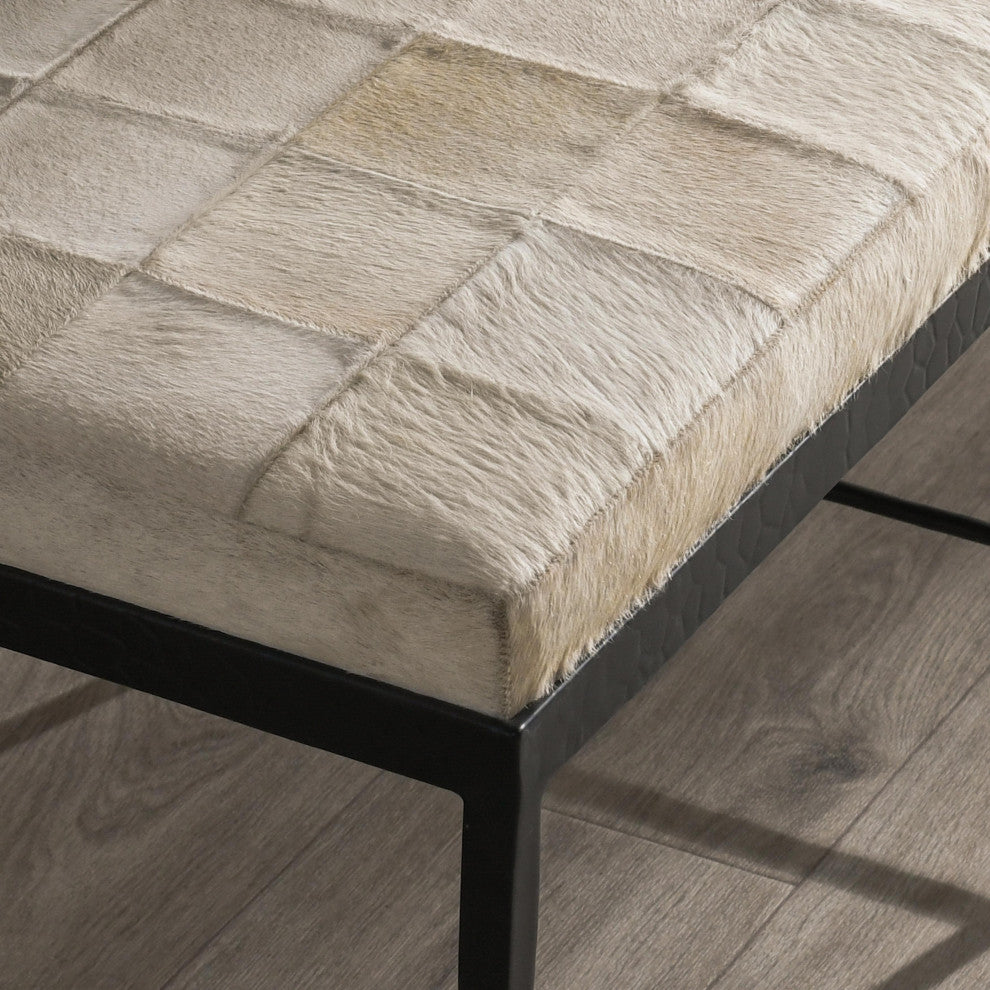 Achen Leather Hide Ottoman Bench by Kosas Home , Beach Ivory, 28"