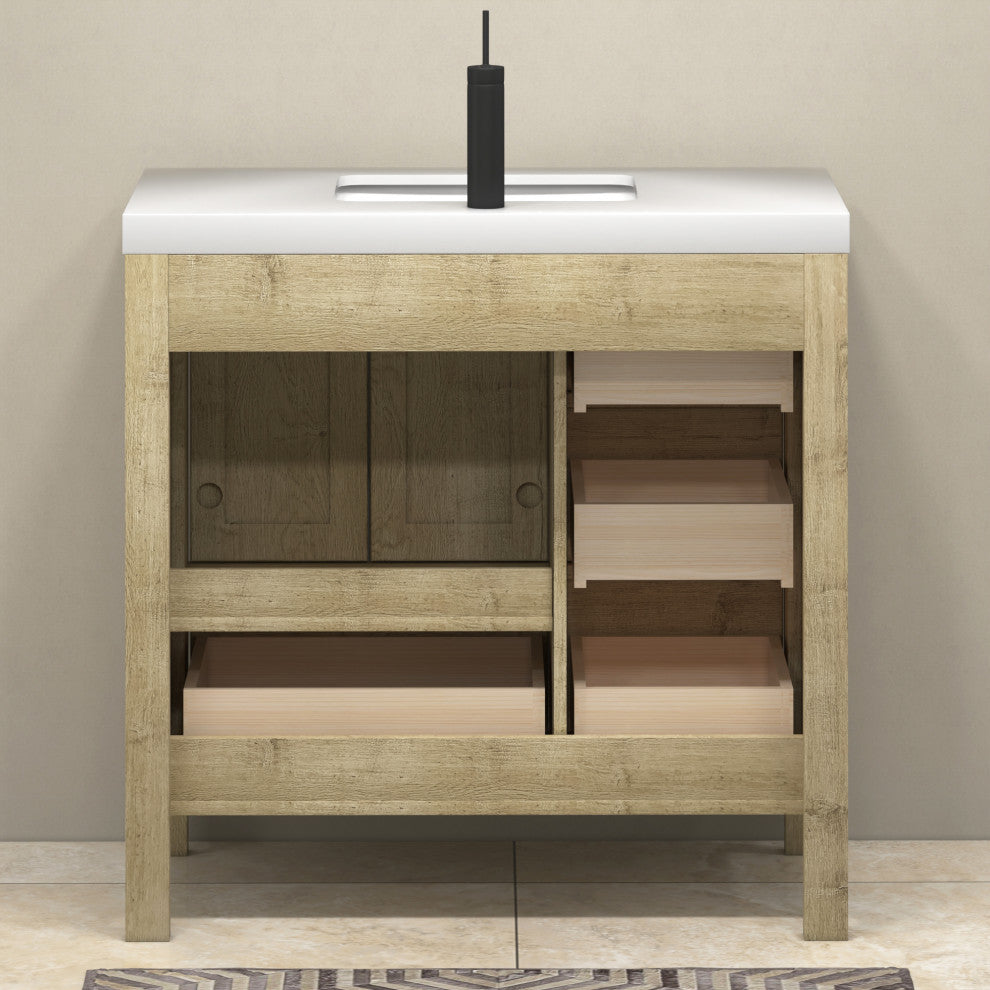 VIV 36" Solid Wood Freestanding Bathroom Vanity, Left Side Drawers, Oak
