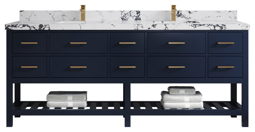 Parker 84" Double Sink Bath Vanity, Navy Blue 2" Viola Night