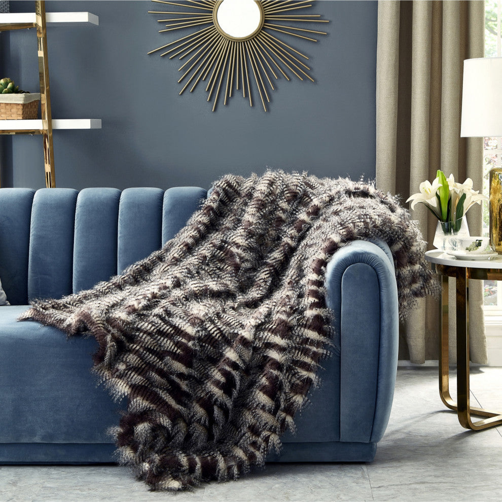 Rashidi Faux Feather Fur Throw 50"x60", Dark Grey