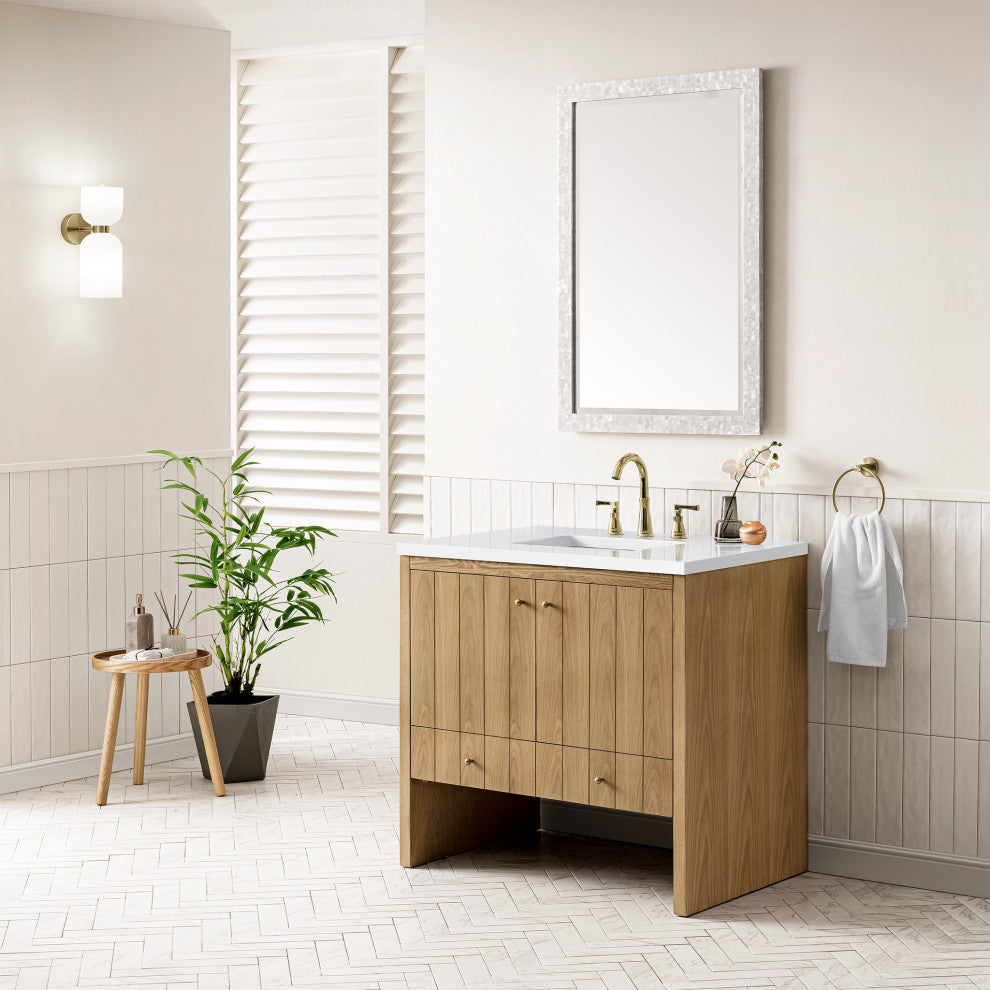Hudson 36" Single Vanity, Light Natural Oak,  White Zeus Quartz Top