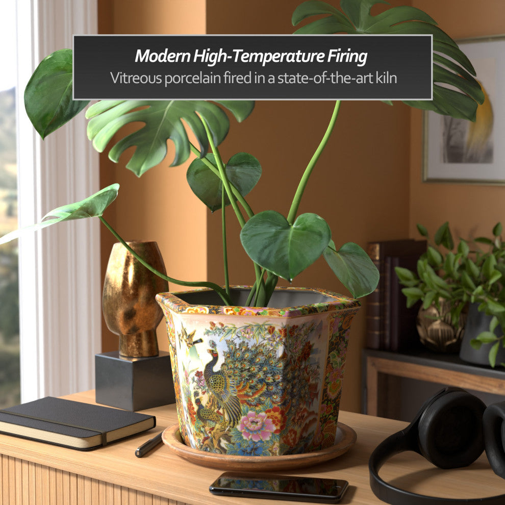 10" Satsuma Ladies and Peacock Porcelain Flower Pot