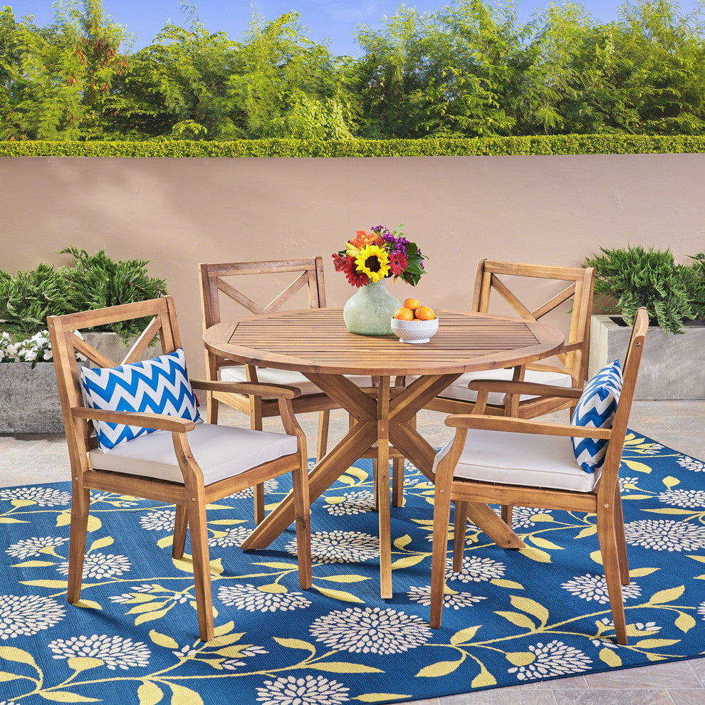 GDF Studio 5-Piece Jordan Outdoor Acacia Wood Dining Set, Teak Finish/Creme