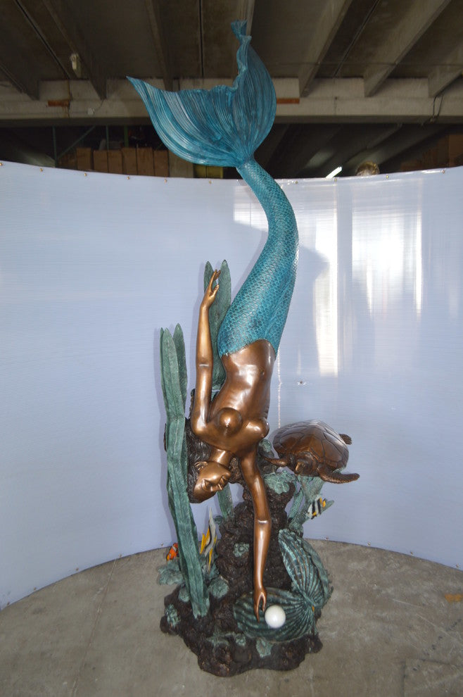 Mermaid Diving for a Pearl Fountain Bronze Statue -  Size: 34"L x 27"W x 93"H.