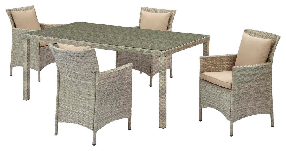 Side Dining Chair and Table Set, Rattan, Wicker, Gray Beige, Outdoor