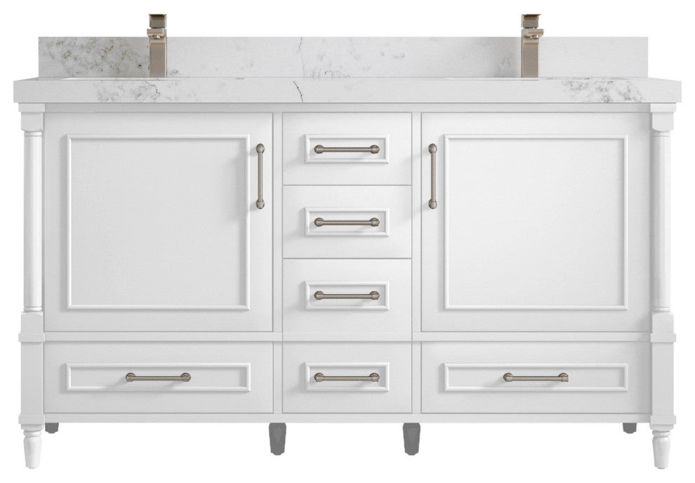 Aberdeen 60 Double Bathroom Vanity in White 2" Calacatta Nuvo
