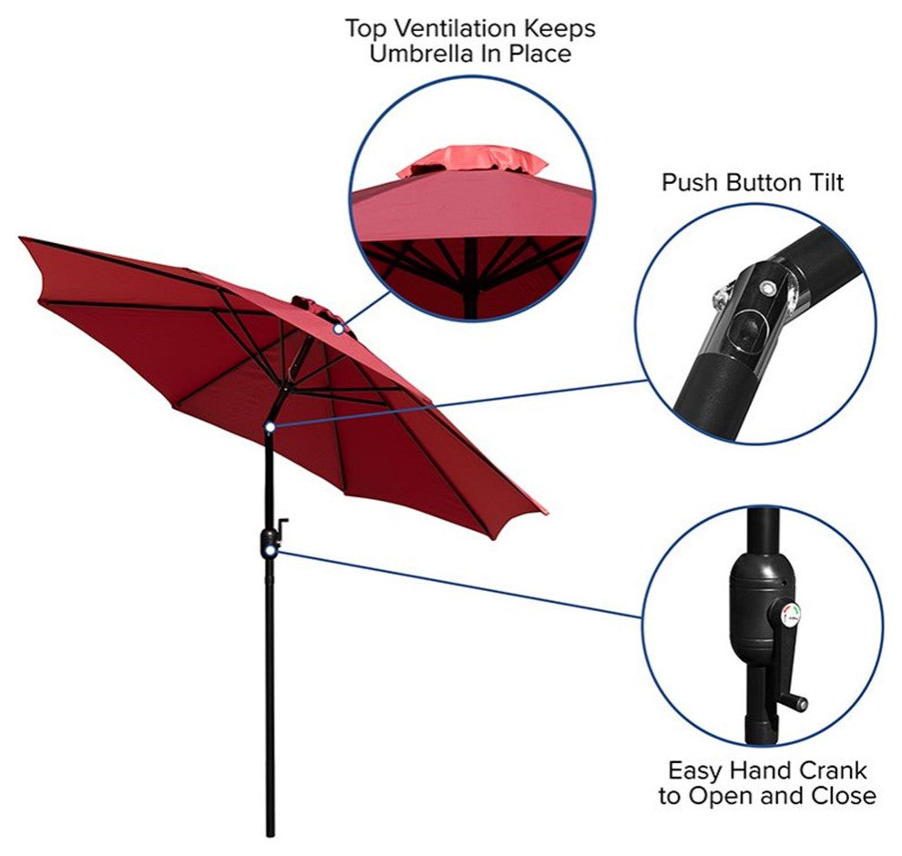 9' Round Umbrella With Crank & Tilt Function, Red