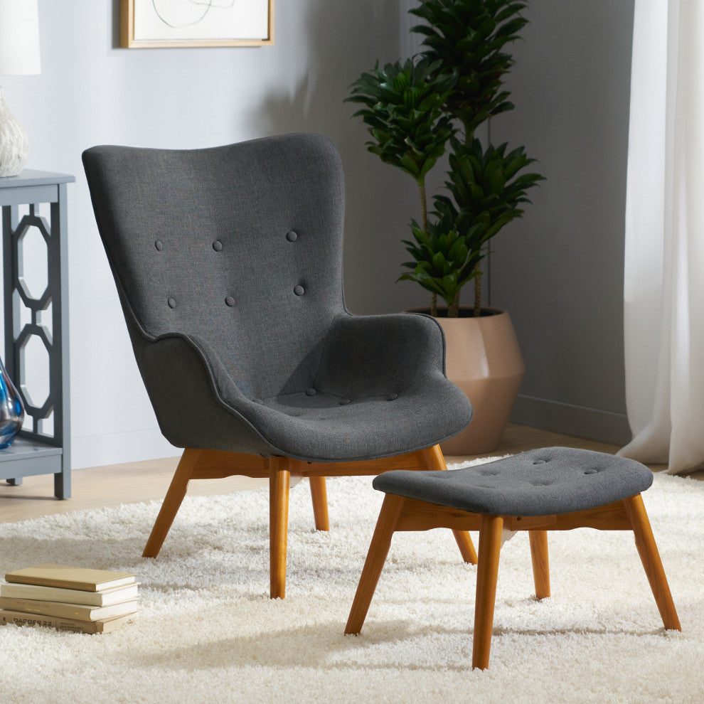Hariata Mid-Century Modern Wingback Chair and Ottoman Set, Muted Dark Gray