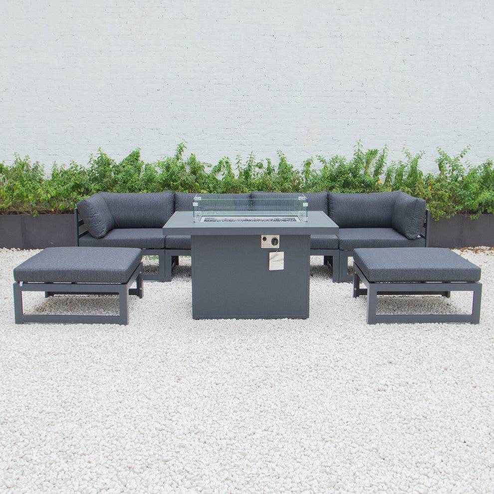 LeisureMod Chelsea 7-Piece Outdoor Sectional With Fire Pit Table, Black