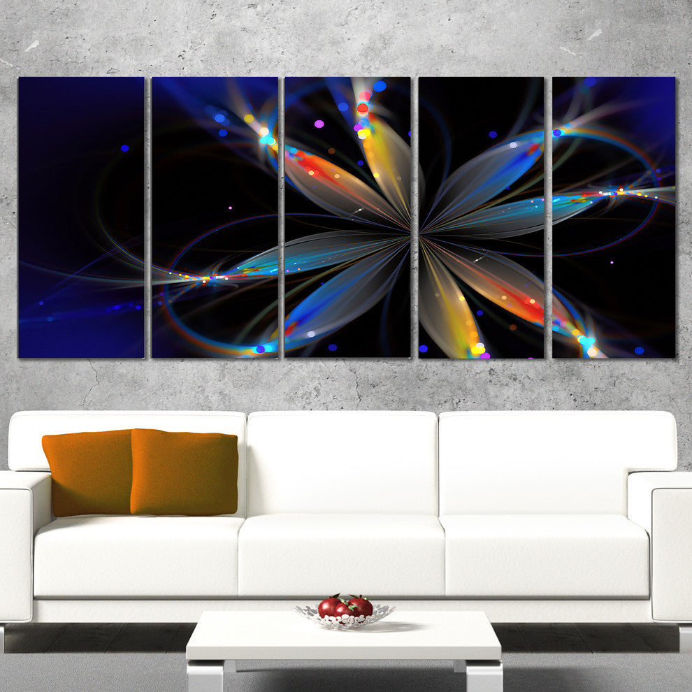 Abstract Fractal Flower on Black, Floral Canvas Print, 60"x28", 5 Panels