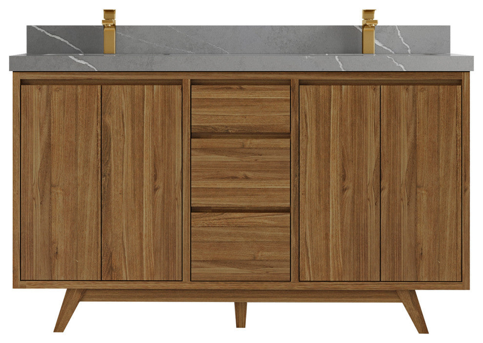 Madison Teak 60 Double Bathroom Vanity in Dark Natural 2" Piatra Gray