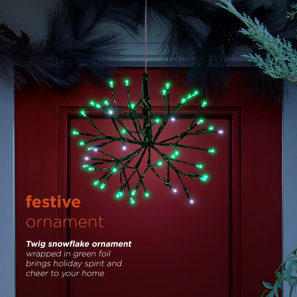 10"H Indoor Christmas Twig 3D Hanging Snowflake Ornament with LED Lights, Green