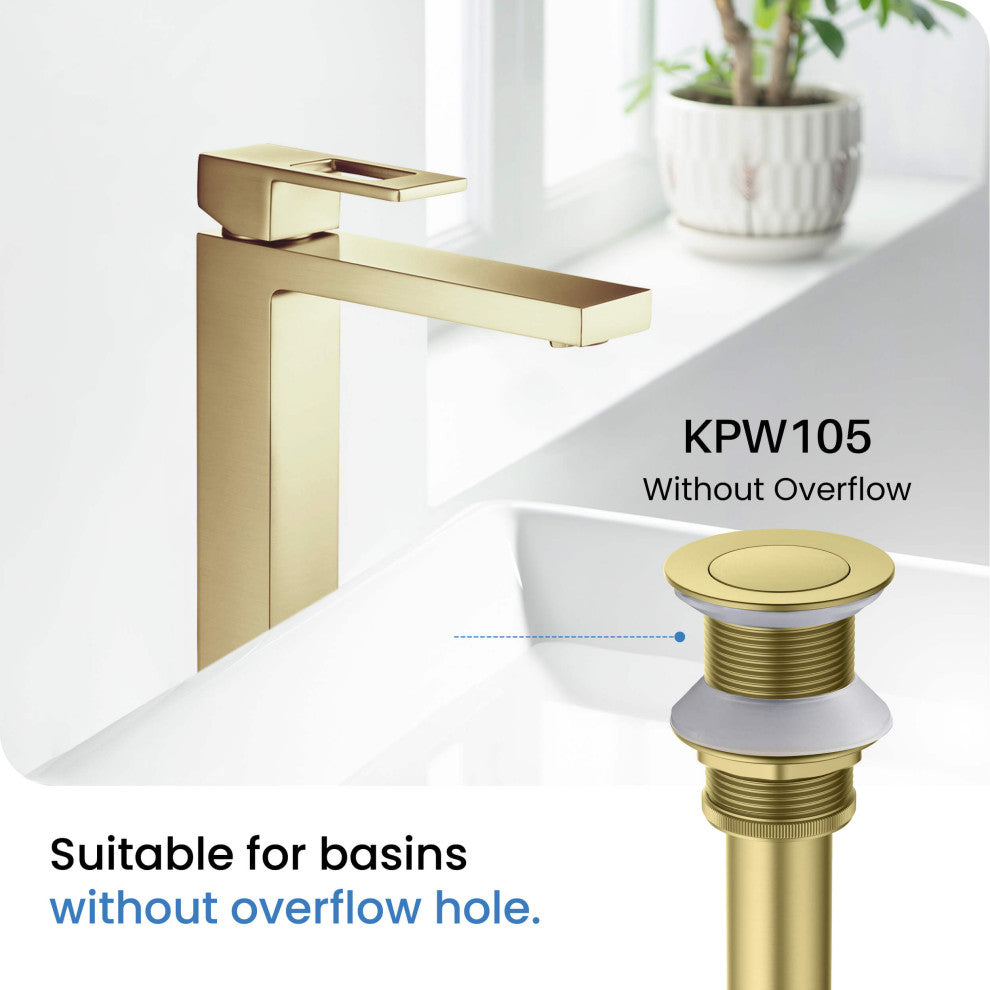 Bathroom Sink Pop Up Drain Stopper, 12" Tailpiece Without Overflow, Brushed Gold