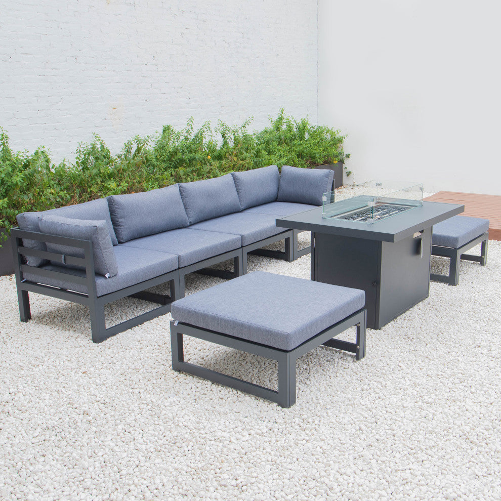 LeisureMod Chelsea 7-Piece Outdoor Sectional With Fire Pit Table, Blue