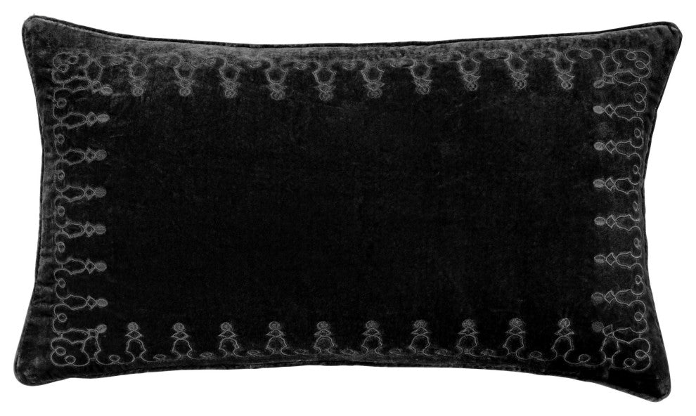 Stella Faux Silk Velvet Embroidered Lumbar Pillow, 14"x24", Black