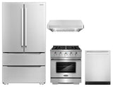 4 Piece, 30" Gas Range 30" Range Hood 24" Dishwasher & Refrigerator