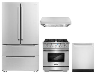 4 Piece, 30" Gas Range 30" Range Hood 24" Dishwasher & Refrigerator