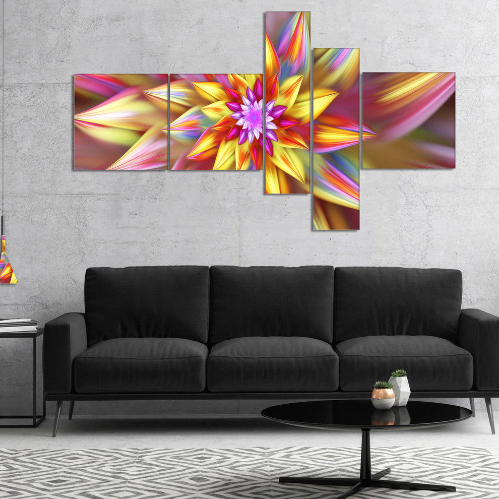 Large Multi Color Alien Fractal Flower, Floral Canvas Print, 60"x32", 5 panels