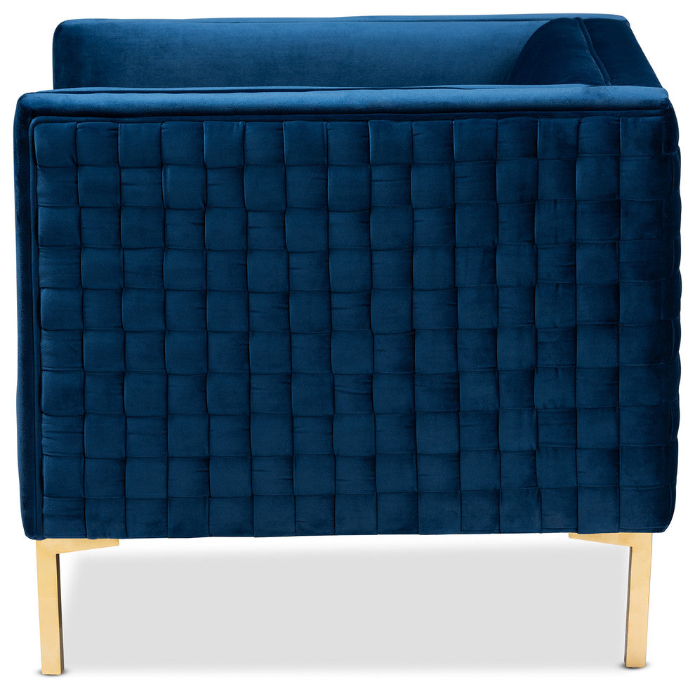 Luke Glam and Luxe Navy Blue Velvet Fabric Upholstered Gold Armchair