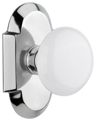 Cottage Plate Passage White Porcelain Knob, Bright Chrome