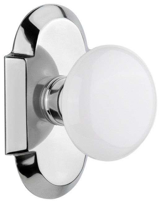 Cottage Plate Passage White Porcelain Knob, Bright Chrome