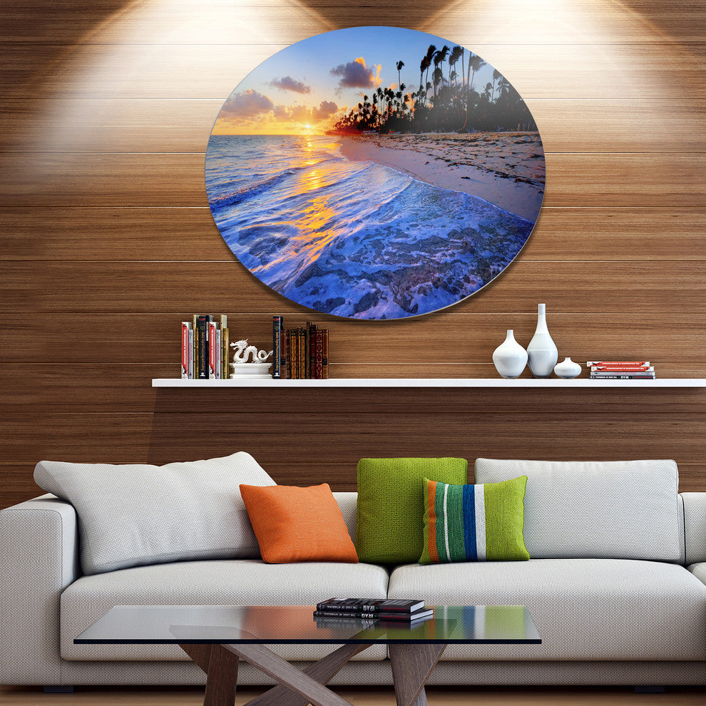 Blue Waves Along The Shore, Seashore Art Large Disc Metal Wall Art, 23"