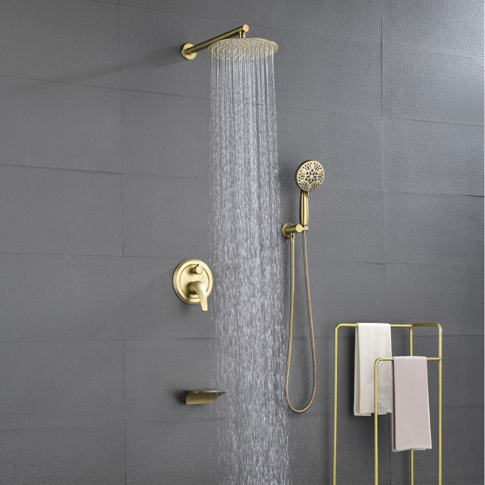 Waterfall Tub Spout Shower System, Handheld Shower Head, Brushed Gold