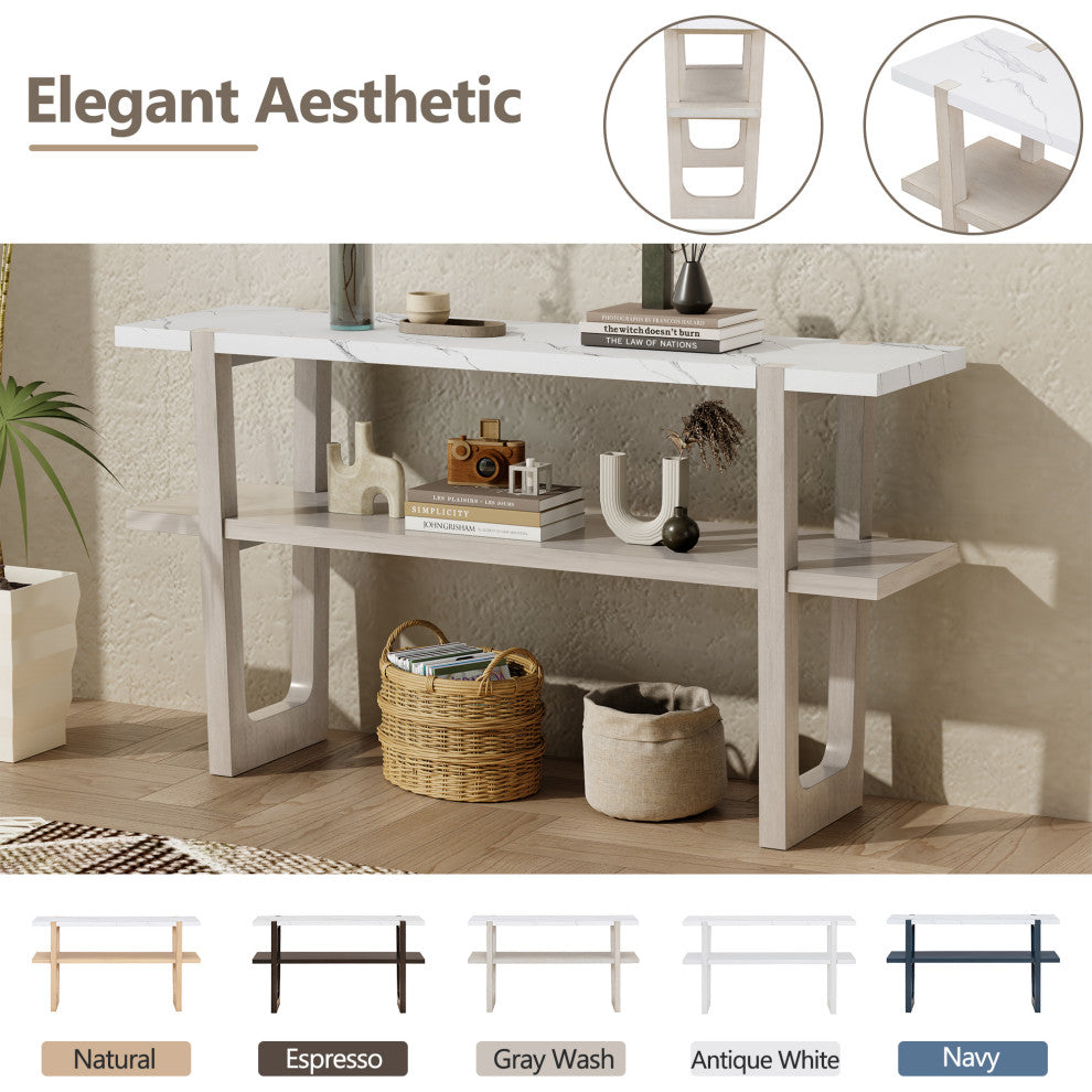 TATEUS Narrow Console Table with Marble-Effect Top for Entryway and Living Room, Gray Wash