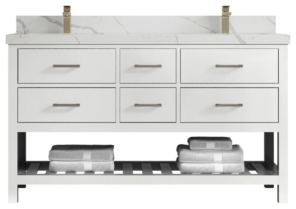 Parker 60 Double Sink Bathroom Vanity in White 2" Calacatta Laza