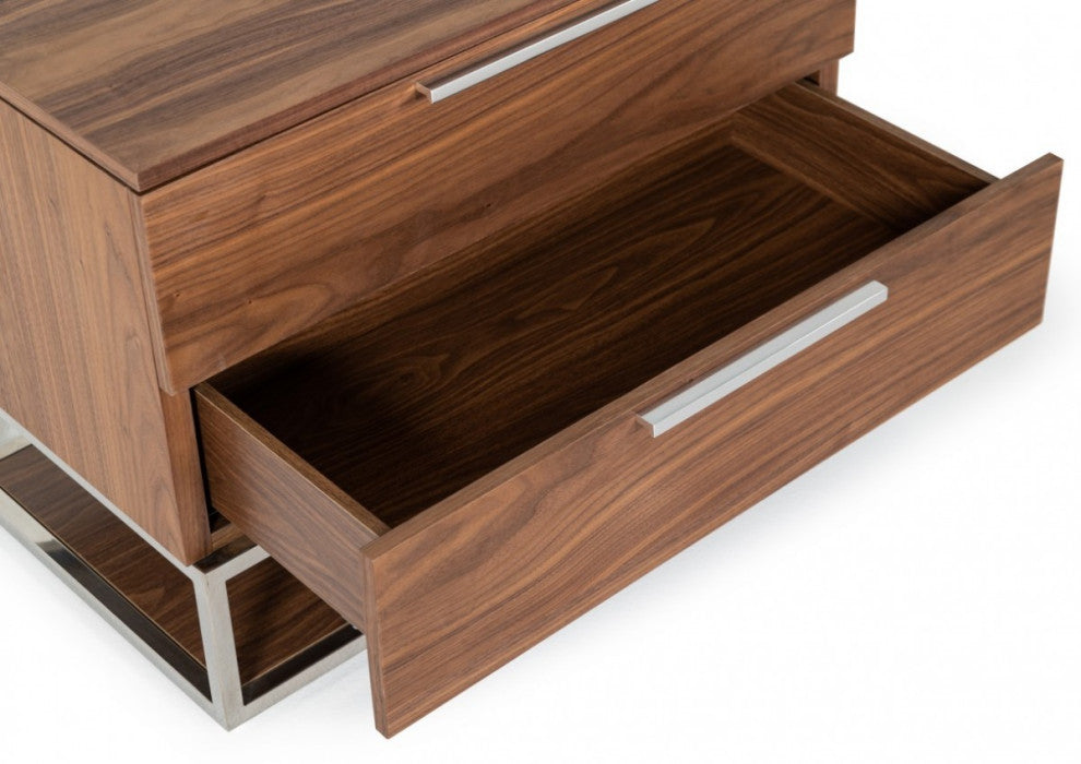 Contemporary Walnut and Stainless Steel Nightstand With Two Drawers