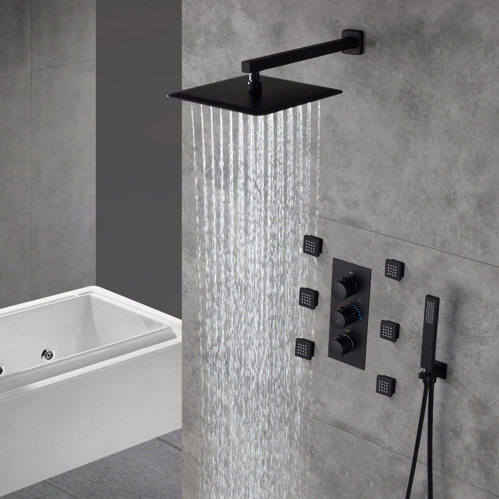 CASAINC 12" Wall Mounted 3 Way Thermostatic Luxury Shower System Set, Matte Black