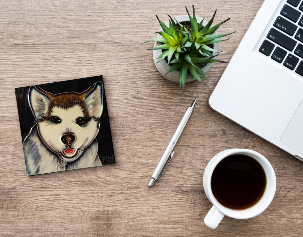 4x4" Husky Dog Art Tile Ceramic Drink Holder Coaster and Wall Decor