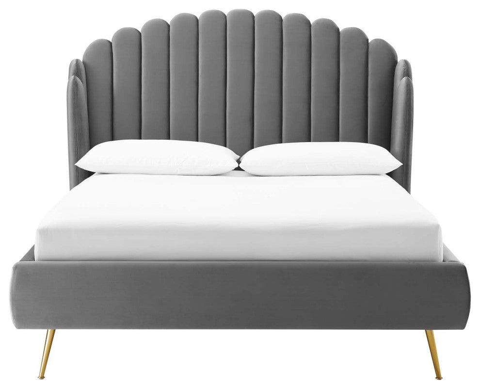 Lana Queen Performance Velvet Wingback Platform Bed - Gray