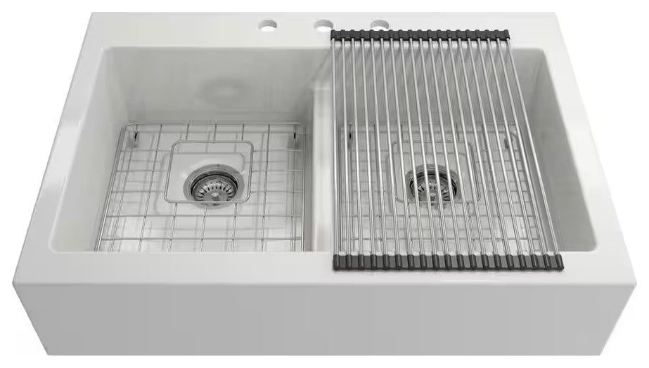 BOCCHI 1501-001-2020SS Apron Front Drop-In Fireclay 34" 2 Bowl Kitchen Sink Kit