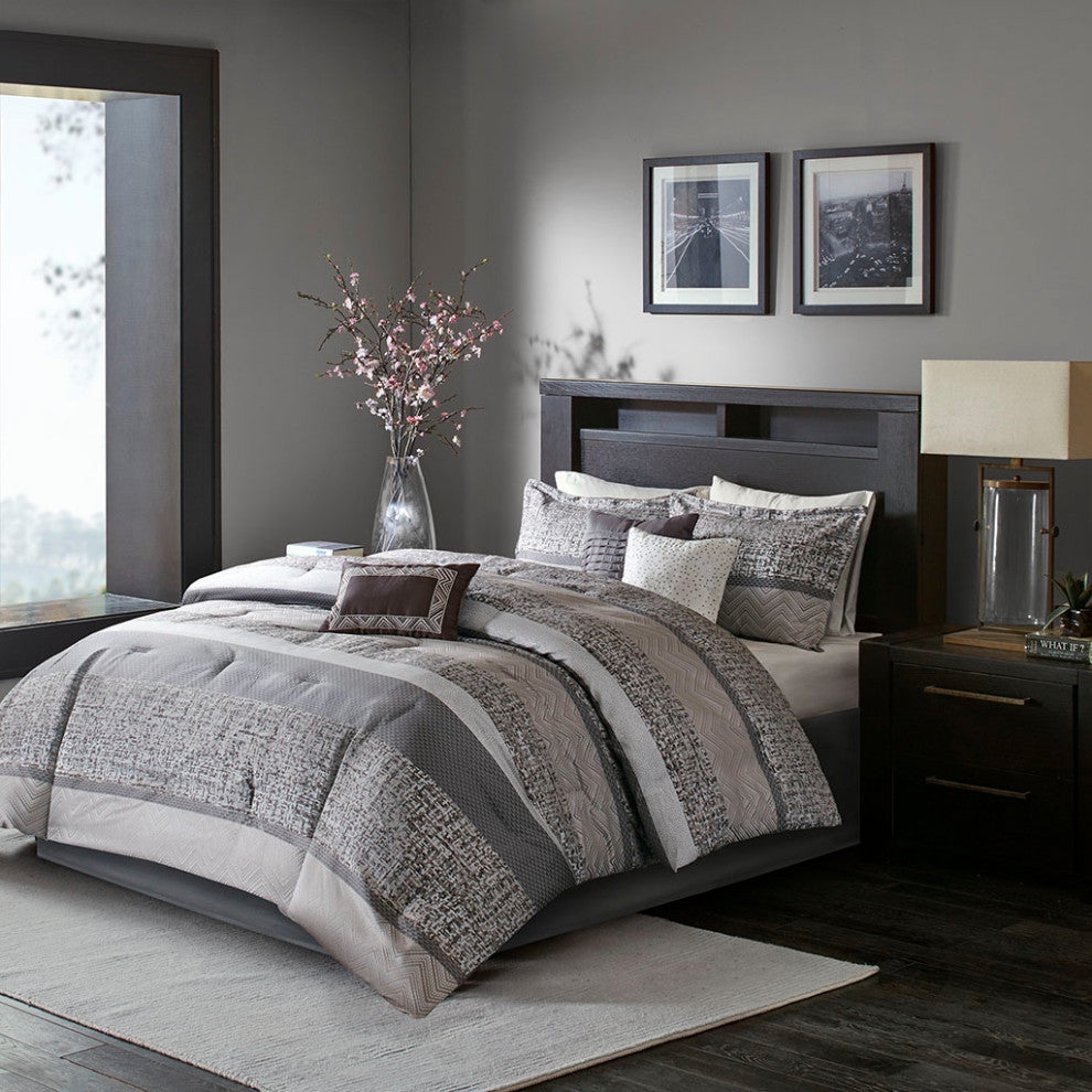 Madison Park Rhapsody Jacquard Stripe Mosaic 7-Piece Comforter Set, Grey
