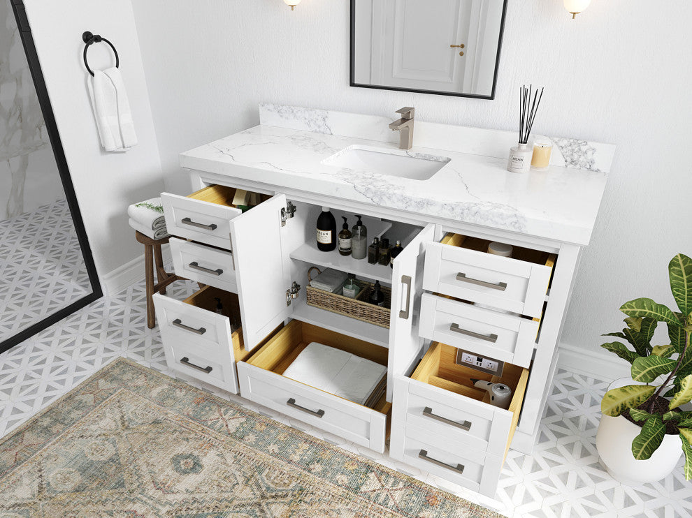 Boston 60 Single Bathroom Vanity in White 1.5" White Quartz