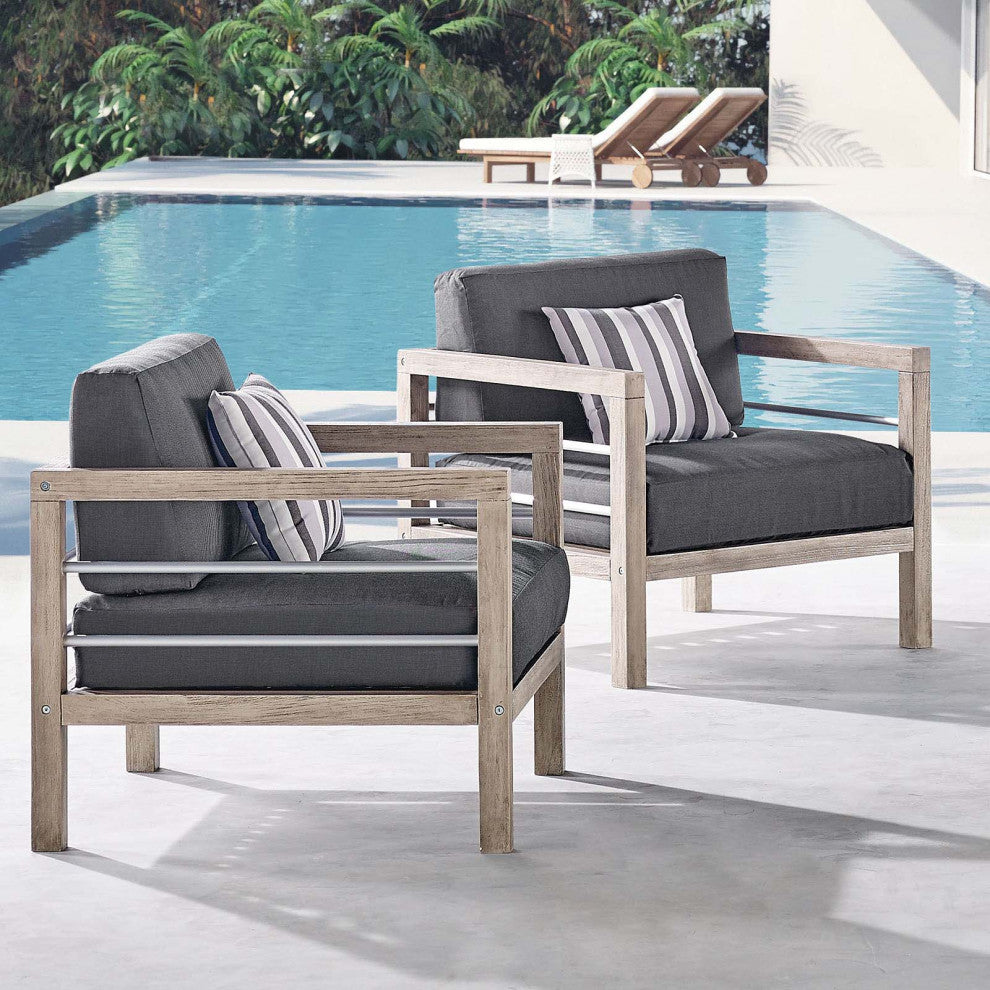 Lounge Chair Armchair, Set of 2, Wood, Gray, Modern, Outdoor Patio Cafe