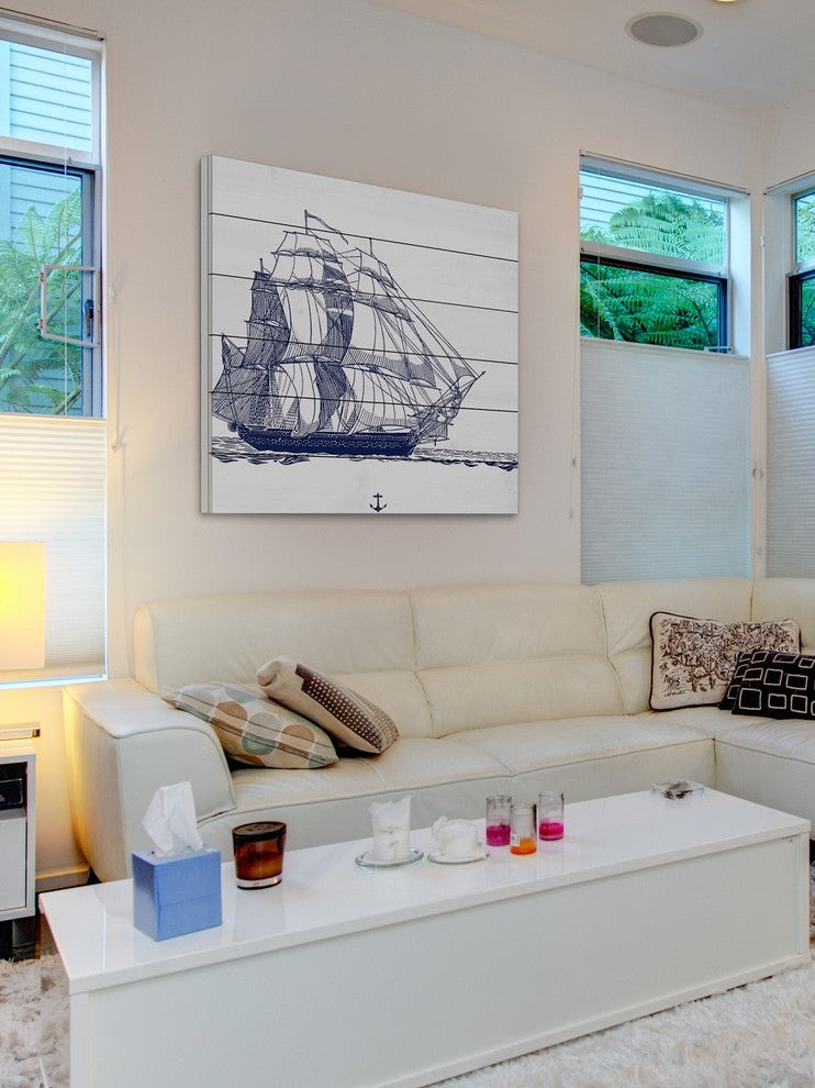 "Blue Ship" Painting Print on White Wood