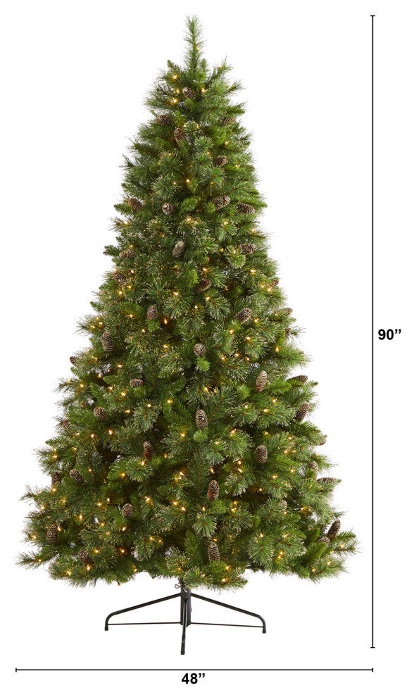 7.5' Golden Washington Pine Faux Xmas Tree W/Lights, Pinecone, Bendable Branches