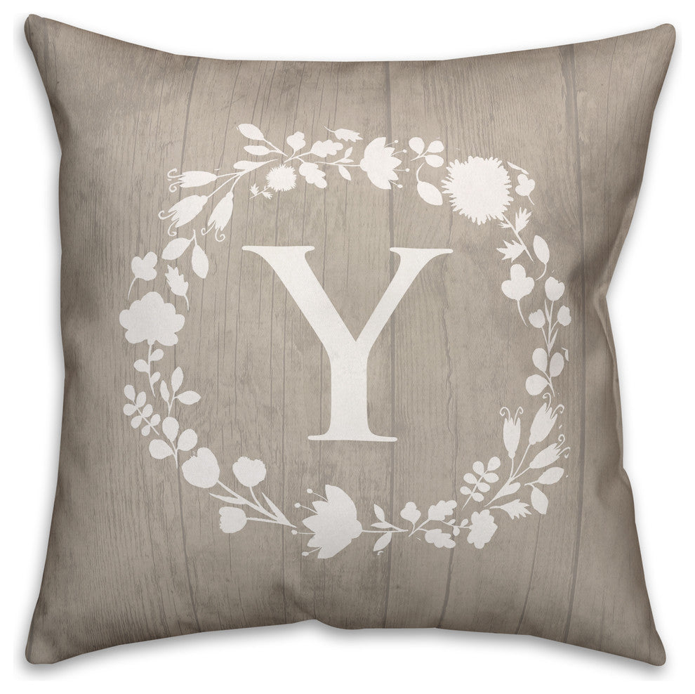 Y Rustic Wreath Monogram Spun Poly Pillow, 18x18