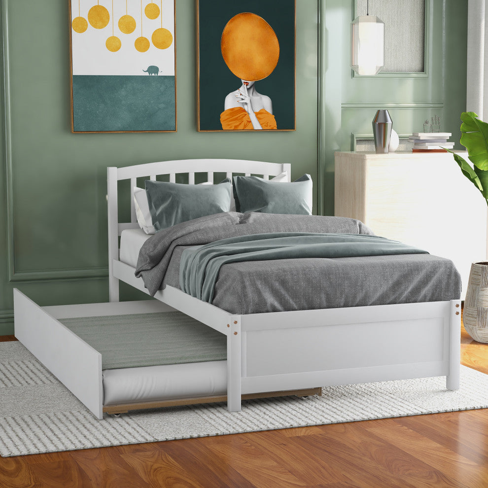 TATEUS Twin Platform Bed With Trundle, Wood Bed Frame With Headboard, White