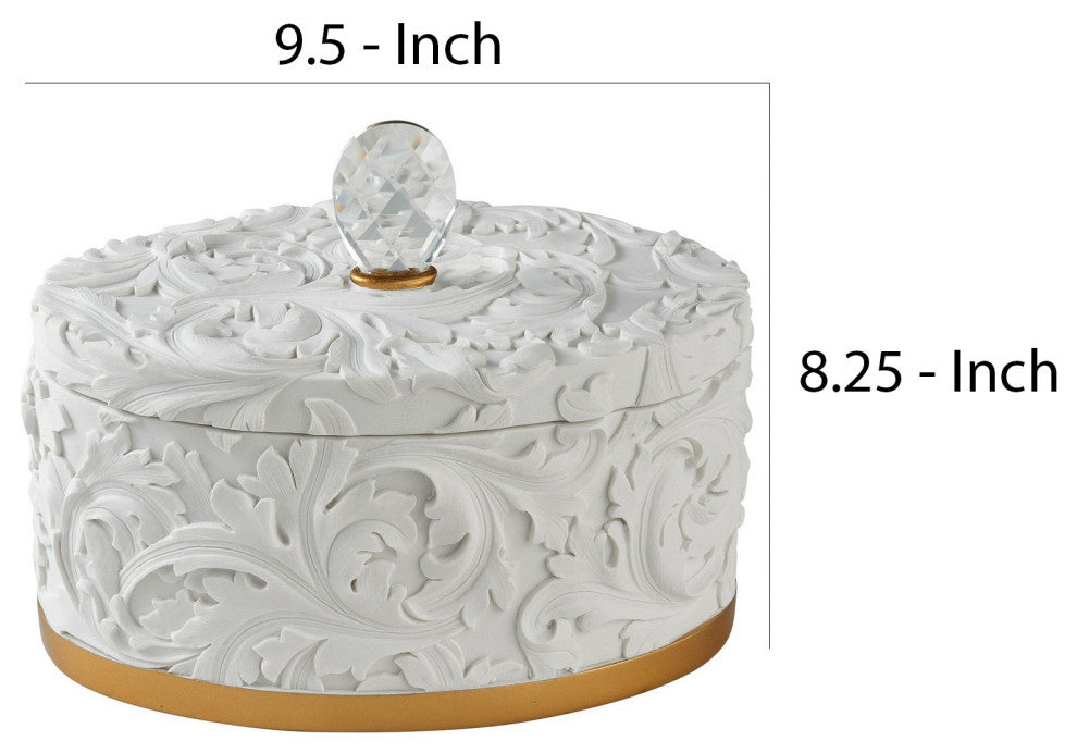 Benzara BM240880 Jewelry Box With Baroque Scroll Design/Crystal Accent, White