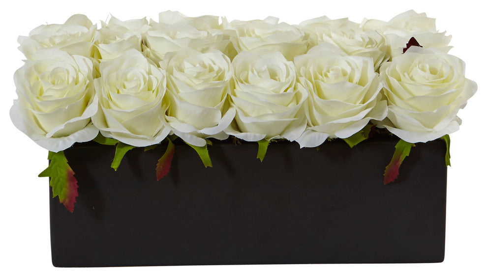 Dozen Silk Roses, Ceramic Rectangular Planter, White