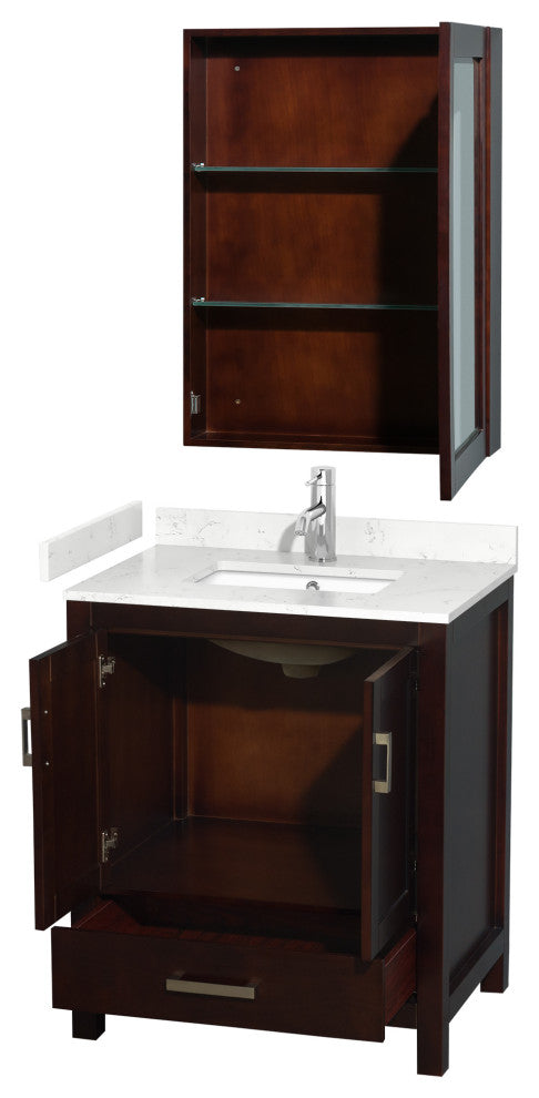 30"SGL Vanity Espresso, Carrara Cult. Marble Countertop, Sink, Med. Cabinet